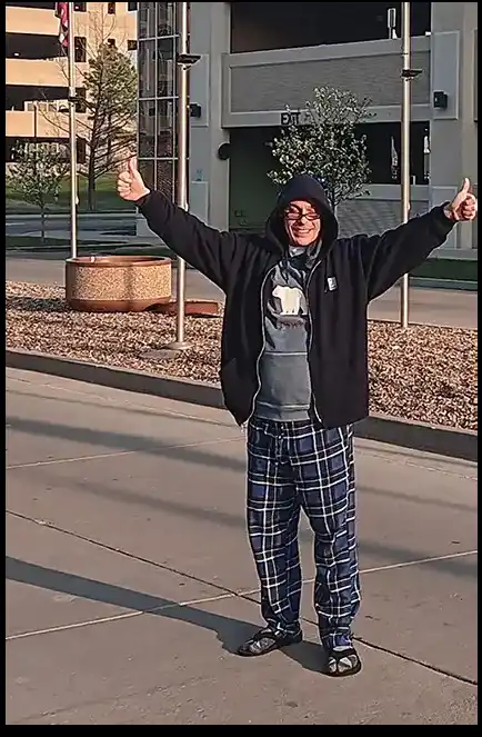 Book Author and Veteran David Haave wearing his pjs Harry S Truman VA Hospital 2024 -- David Haave